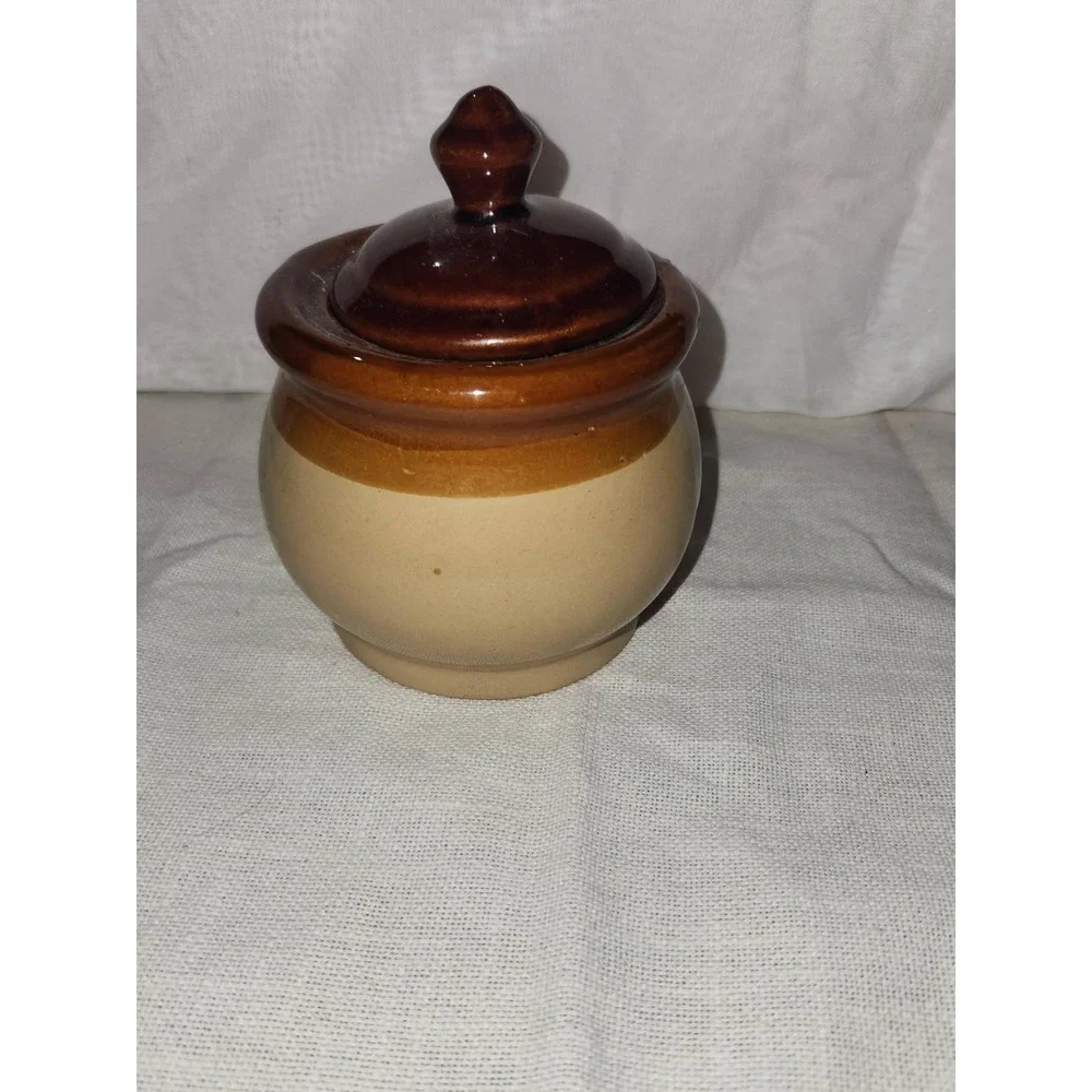 Vintage Two Tone Brown Tan Stoneware Bean Pot Honey Jar with Lid Rustic Crock